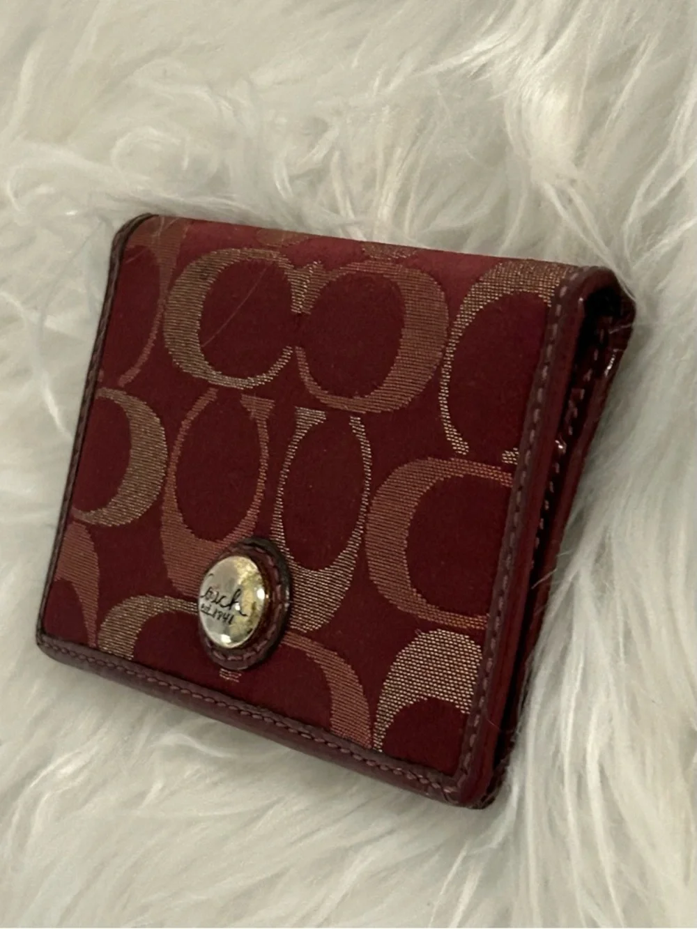 Coach Signature Burgundy Canvas Leather Wallet Mini Compact ID Holder - Picture 5 of 7